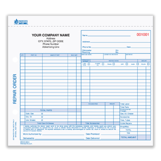 Picture of Auto Repair Order Form - 3 Part Carbonless (AROCC-600-3)