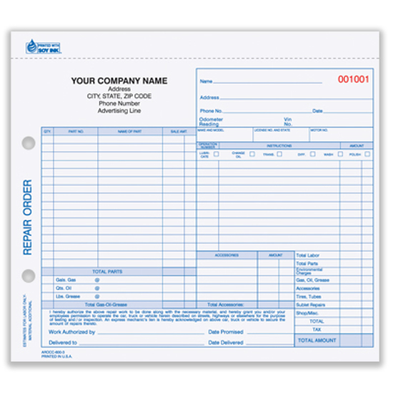 Picture of Auto Repair Order Form - 3 Part w/ Carbon (ARO-666-3)