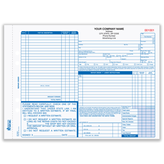 Picture of Auto Repair Order Form - 3 Part w/ Carbon (ARO-659-3)