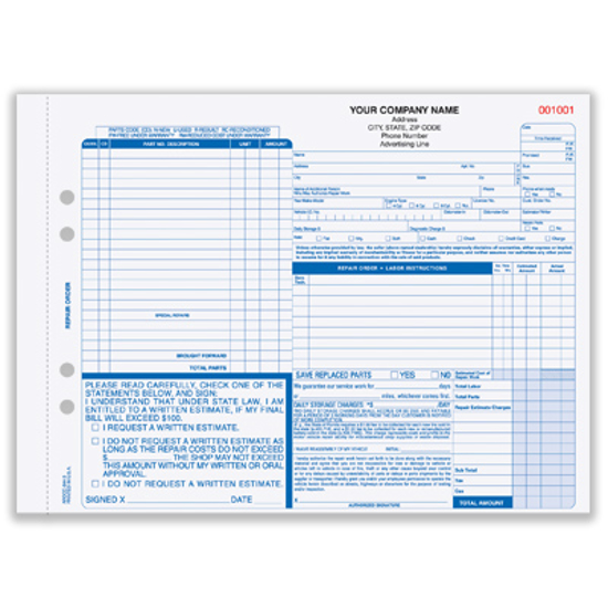 Picture of Auto Repair Order Form - 3 Part w/ Carbon (ARO-637-3)