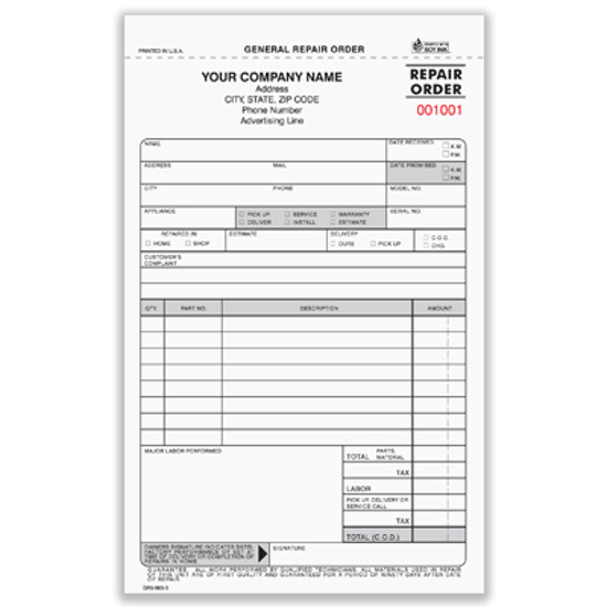 Picture of General Repair Order Form - 3 Part Carbon (GRO-663-3)