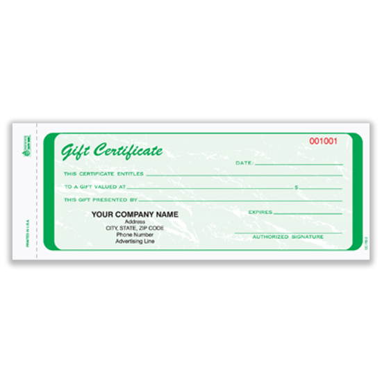 Picture of Gift Certificate - 2 Part Carbonless - Green (GC-782-2)
