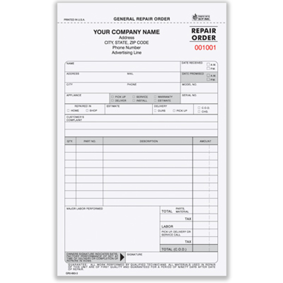 Picture of General Repair Order Form - 3 Part Carbonless (GROCC-563-3)