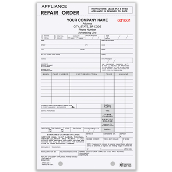 Picture of Appliance Repair Form - 4 Part Carbonless (APRCC-567-4)