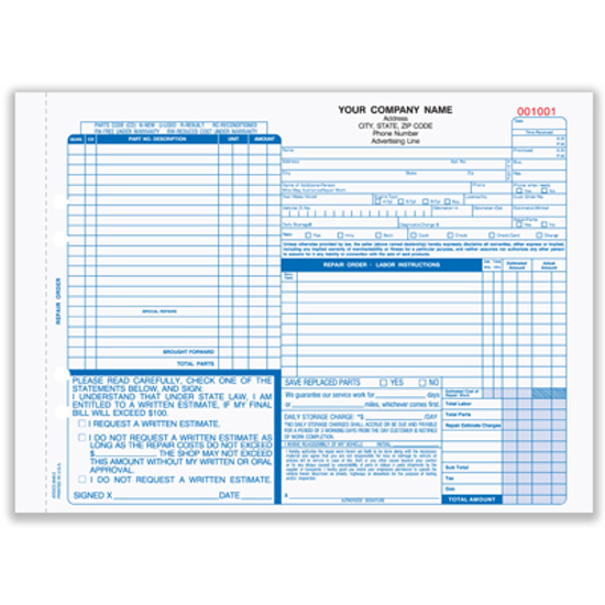 Picture of Auto Repair Order Form - 4 Part Carbonless (AROCC-646-4)