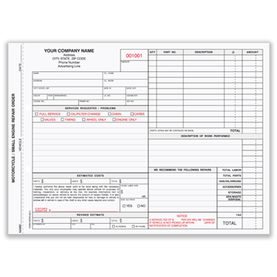 Picture of Small Engine/Motorcycle Repair Form - 3 Part Carbon (SERO-635-3)
