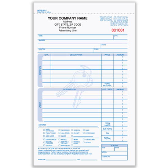 Picture of Locksmith Work Order/invoice Form - 3 Part Carbonless (WOICC-891-3)