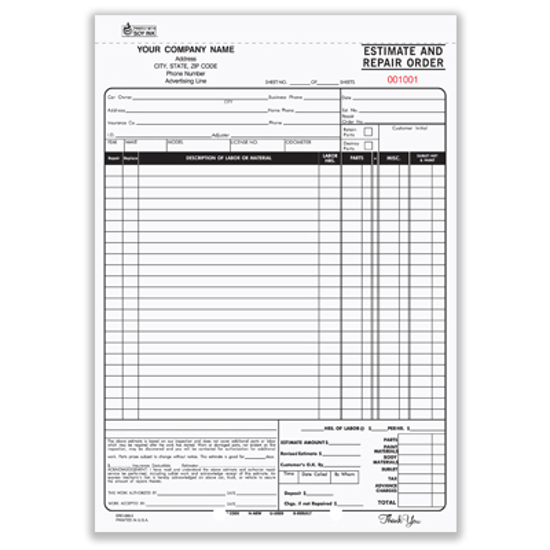 Picture of Estimate and Repair Order Form - 3 Part Carbon (ERO-660-3)