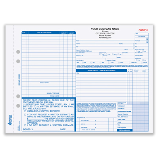 Picture of Auto Repair Order Form - 3 Part Carbonless (AROCC-624-3)