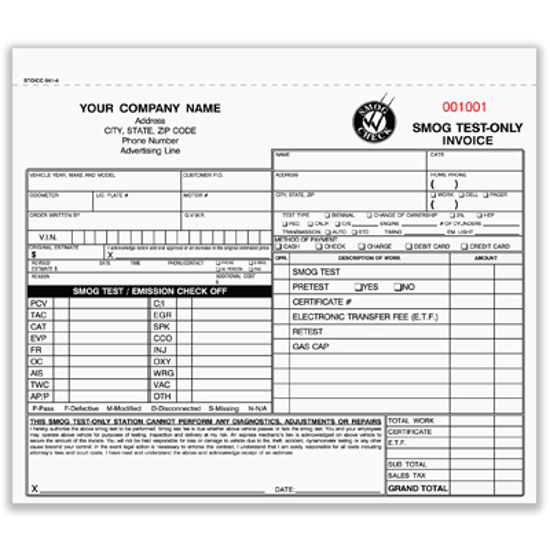 Picture of Smog Test Only Invoice Form - 3 Part Carbonless (STOICC-341-3)
