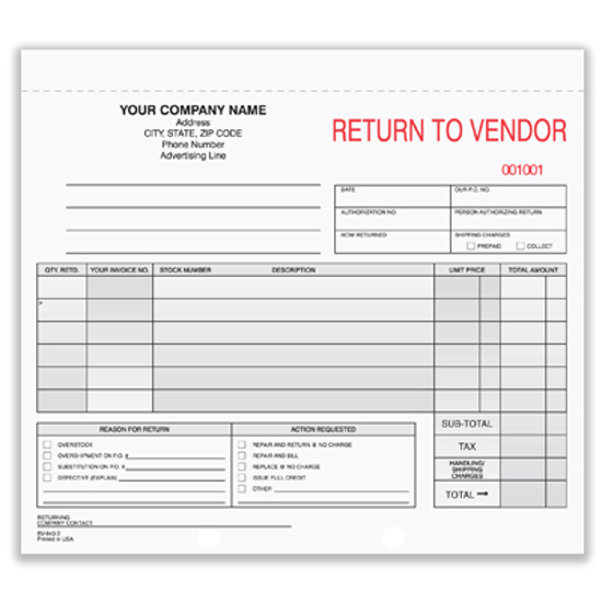 Picture of Return to Vendor Form - 3 Part Carbonless (RV-643-3)