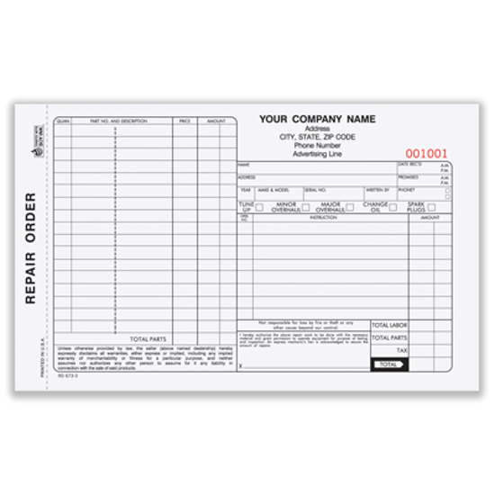 Picture of Automotive Repair Order Form - 3 Part w/ Carbon (ROCC-573-3)