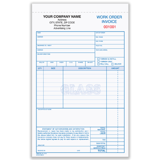 Picture of Glass Work Order/Invoice Form - 3 Part Carbonless (WOICC-890-3)
