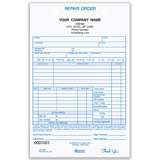 Picture of Auto Repair Order Form - 3 Part Carbonless (ARO-282-3)