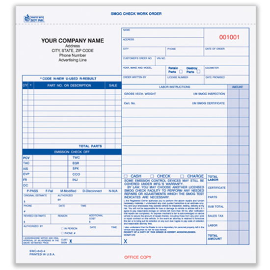 Picture of Smog Check Work Order Form - 4 Part Carbonless (SWOCC-640-4)
