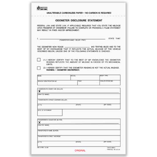 Picture of Odometer Disclosure Statement Form- 3 Part Carbonless Blank (OSCC-668-3)