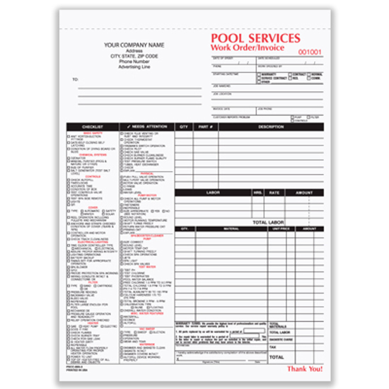 Picture of Pool Services Work Order/Invoice Form - 3 Part Carbonless (PSCC-895-3)