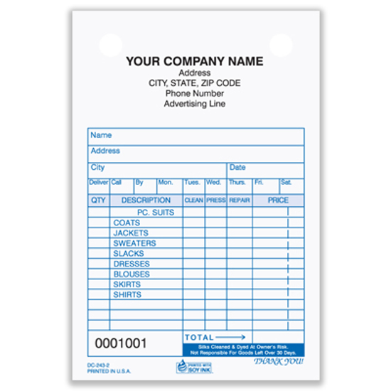 Picture of Dry Cleaner Register Form - 2 Part Carbonless (DC-243-2)