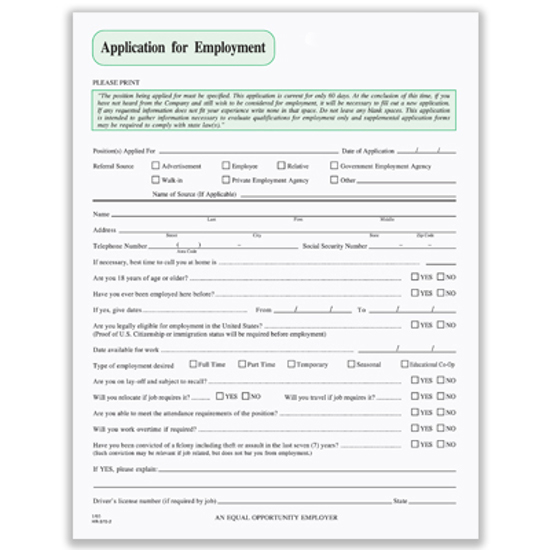 Picture of Application For Employment Form - 2 Part Bond (HR-370-2-BLNK)