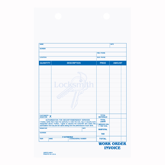 Picture of Locksmith Work Order/Invoice - 3 Part Carbonless Register Form (LWOCC-245-3)