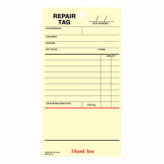 Picture of Repair Tag - 3 Part Carbonless (STR-317-3)