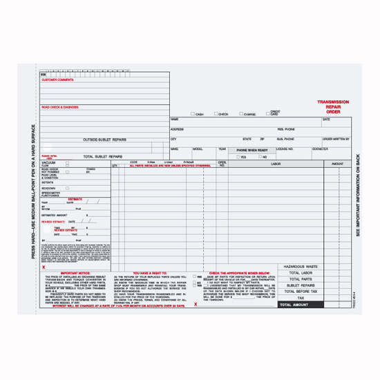 Picture of Transmission Repair Order - 4 Part Carbonless (TROCC-633-4)