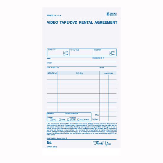 Picture of Video/DVD Rental Register Form - 2 Part Carbonless (VRACC-580-2)