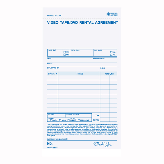Picture of Video/DVD Rental Register Form - 3 Part Carbonless (VRACC-580-3)