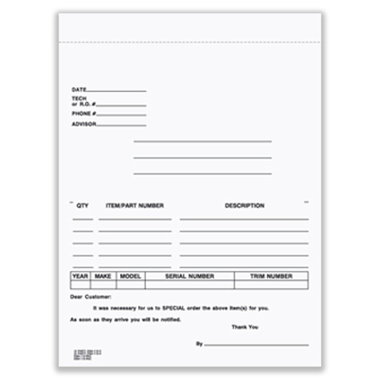 Picture of Special Parts Order Form - 3 Part Carbonless, Blank (DSA-115-3NC-BLNK)