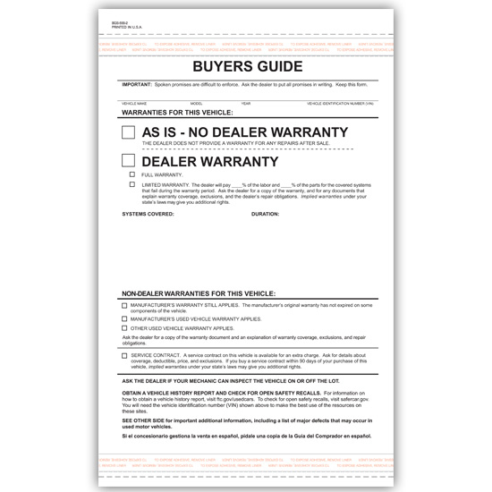 Picture of Buyer's Guide Warranty Form - 2 Part Carbonless, Blank (BGS-555-2-BLNK)