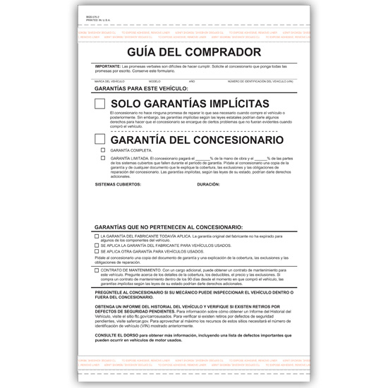 Picture of Spanish Buyer's Guide Warranty - 2 Part Carbonless, Blank (BGS-575-2-BLNK)