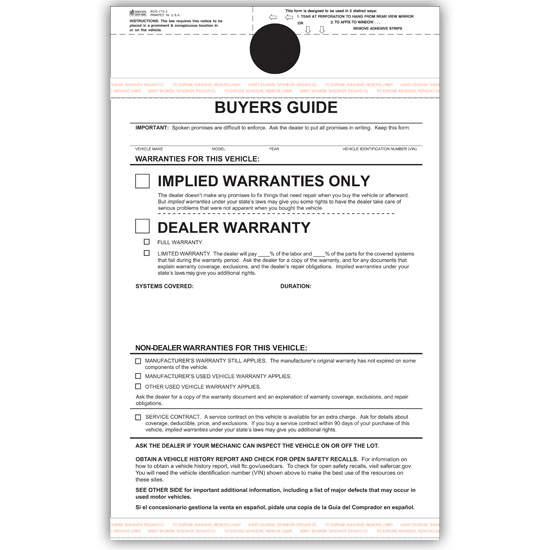 Picture of Buyer's Guide Warranty Form - 3 Part Carbonless, Blank (BGS-775-3-BLNK)