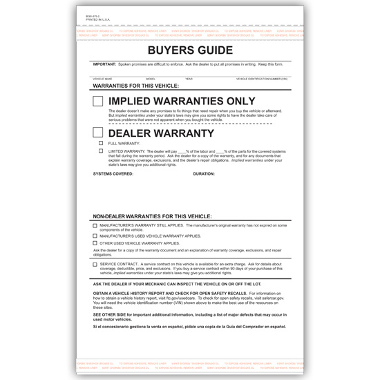 Picture of Buyer's Guide Warranty Form - 2 Part Carbonless, Blank (BGS-675-2-BLNK)