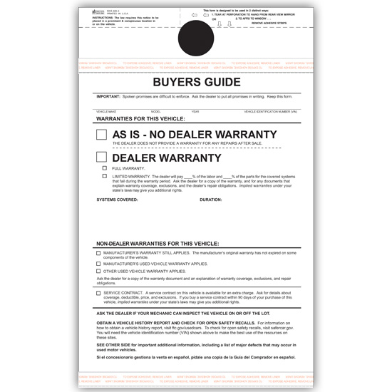 Picture of Buyer's Guide Warranty Form - 3 Part Carbonless, Blank (BGS-885-3-BLNK)