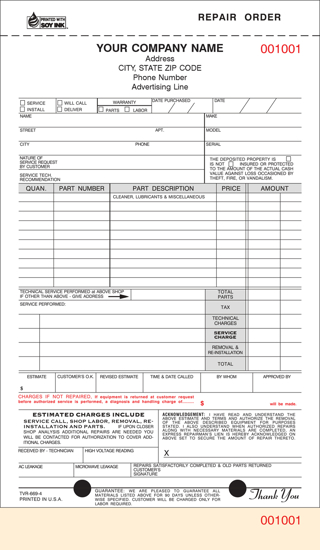 Picture of Repair Estimate Order Carbon (TVR-669-4)